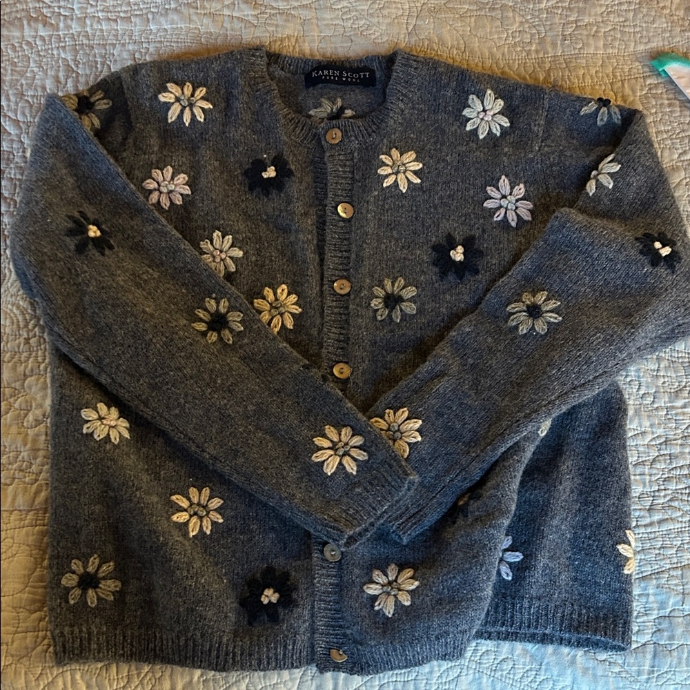 Karen Scott Charcoal Blue Floral Knit Cardigan